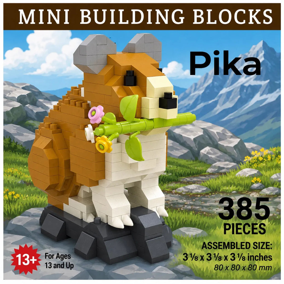 A building block set featuring an assembled pika animal made from tan, cream, white, and gray blocks, holding a green flower stem with pink and yellow blossoms. The image includes text reading &