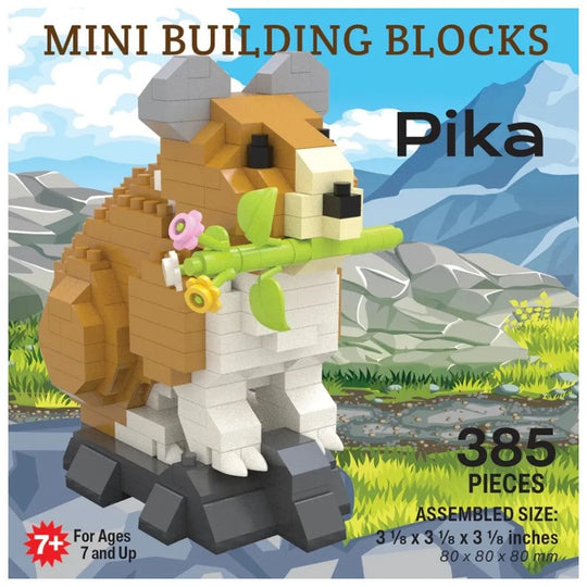 Pika mini building blocks set with bear and flower design against a mountain background