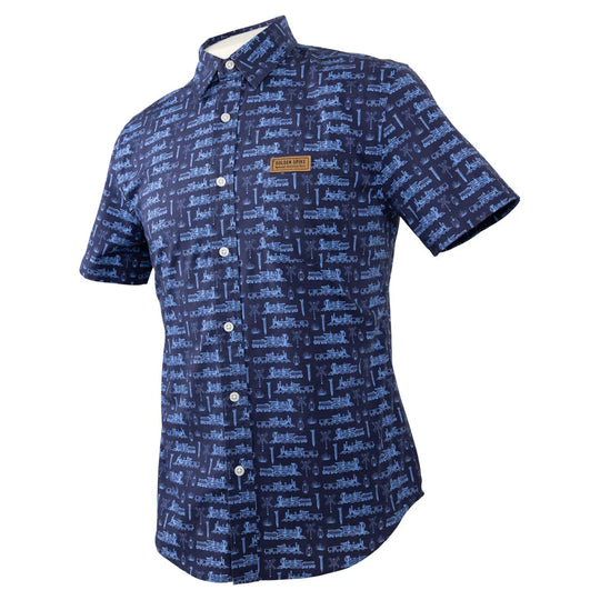 Golden Spike National Historical Park Camp Shirt navy blue quarter turn right