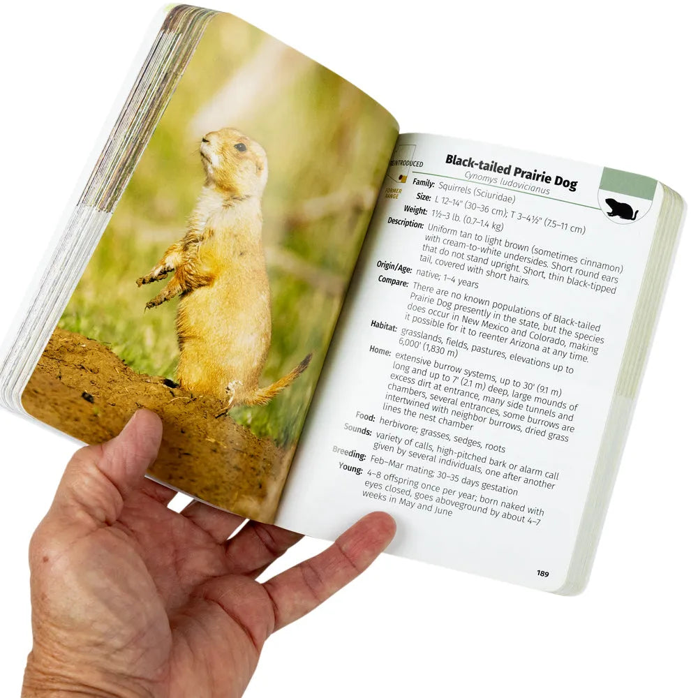 An open hardcover book held in a hand, showing a color photograph of a black-tailed prairie dog on one page and printed text on the other.