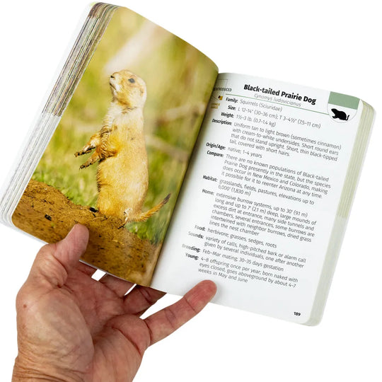 An open hardcover book held in a hand, showing a color photograph of a black-tailed prairie dog on one page and printed text on the other.