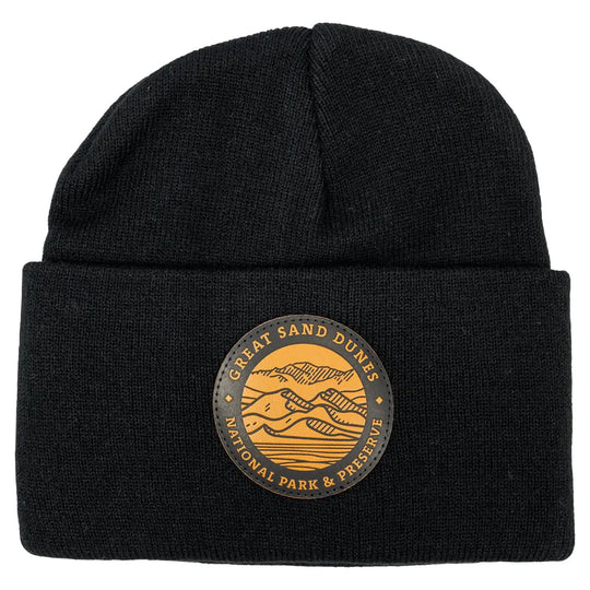 Black knit beanie with leather patch featuring Great Sand Dunes National Park & Preserve