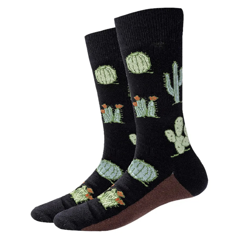 Black socks with cactus pattern on a white background