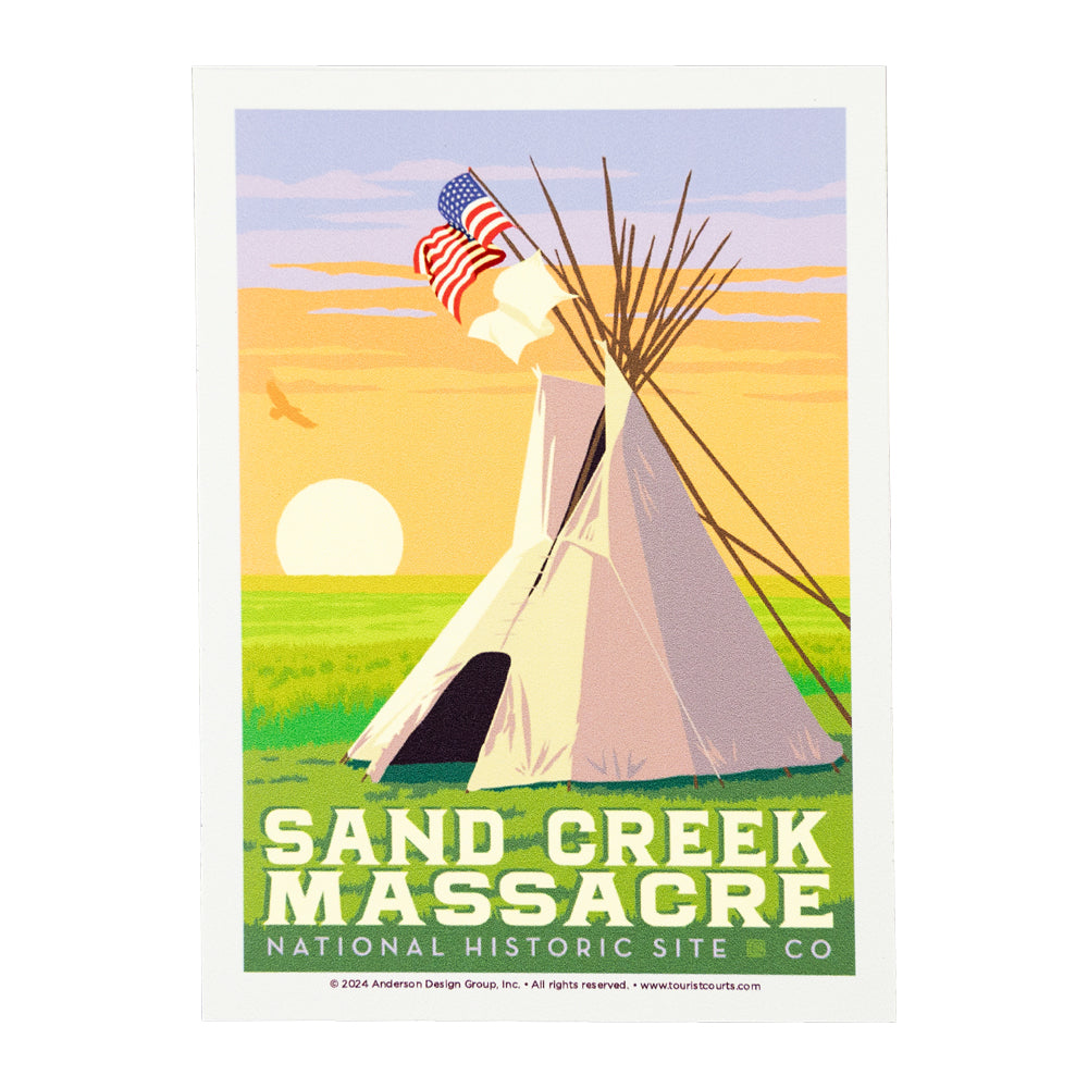 Image of a teepee with an American flag and 'Sand Creek Massacre National Historic Site' text.