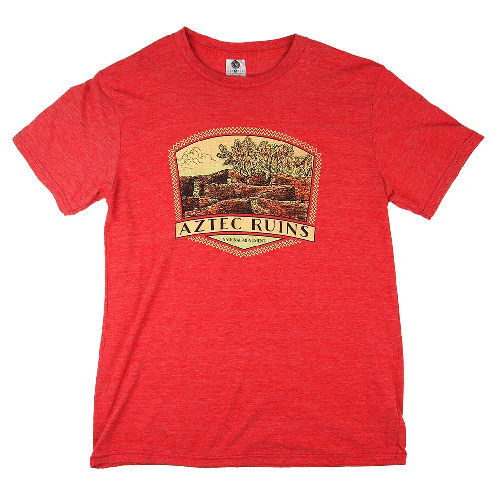 Red t-shirt with Aztec Ruins National Monument graphic on a white background