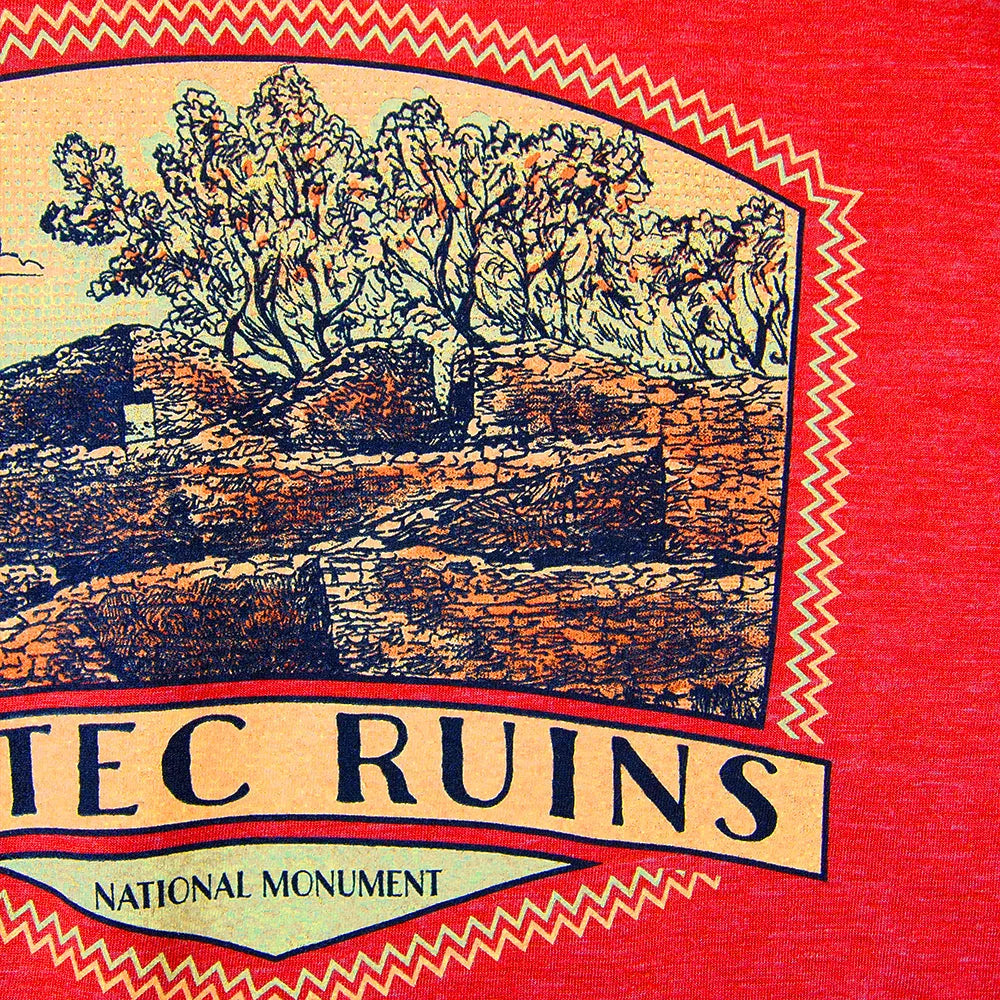 Illustration of ancient ruins with text 'Tec Ruins National Monument' on a red background