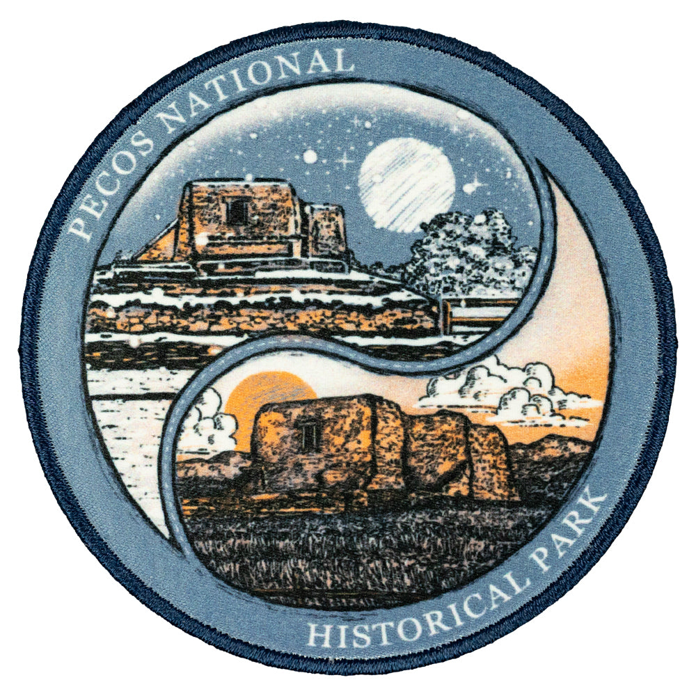 Circular patch with Pecos National Historical Park design featuring ruins and natural landscapes.