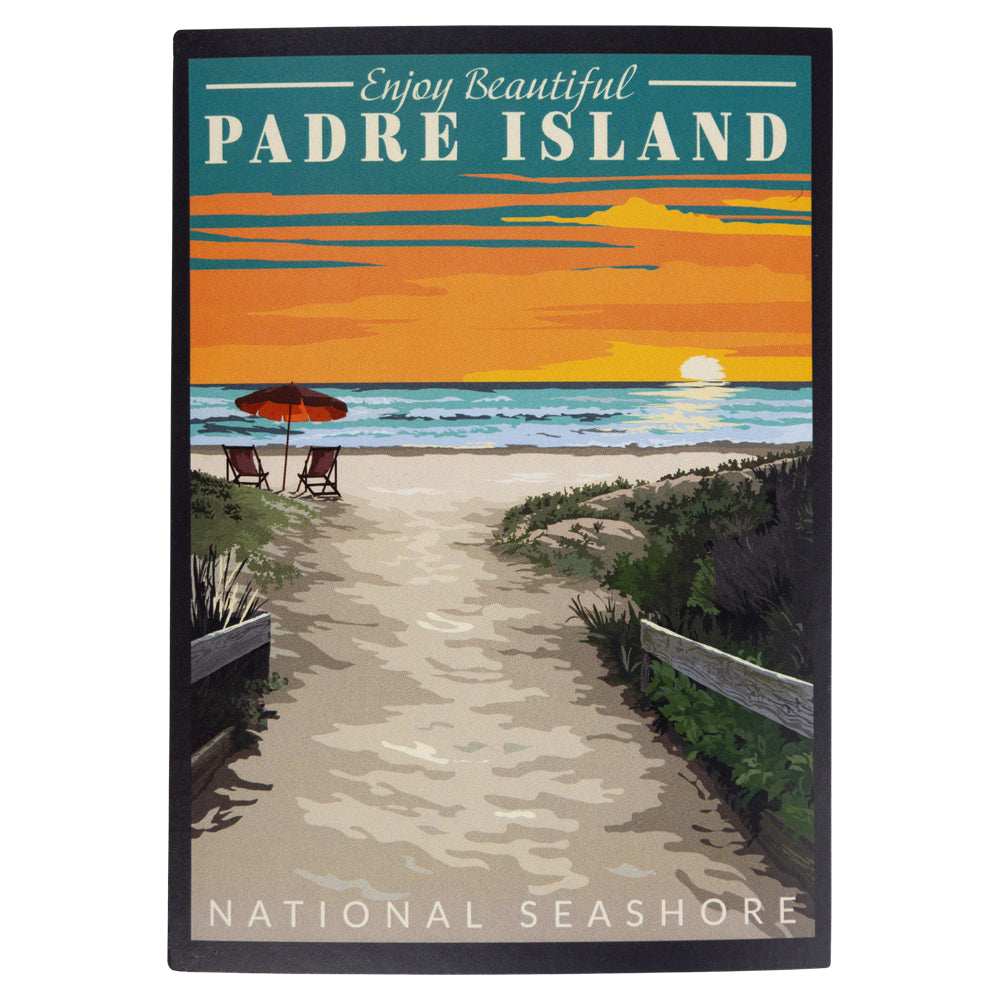 Postcard of Padre Island National Seashore with a beach scene and sunset.