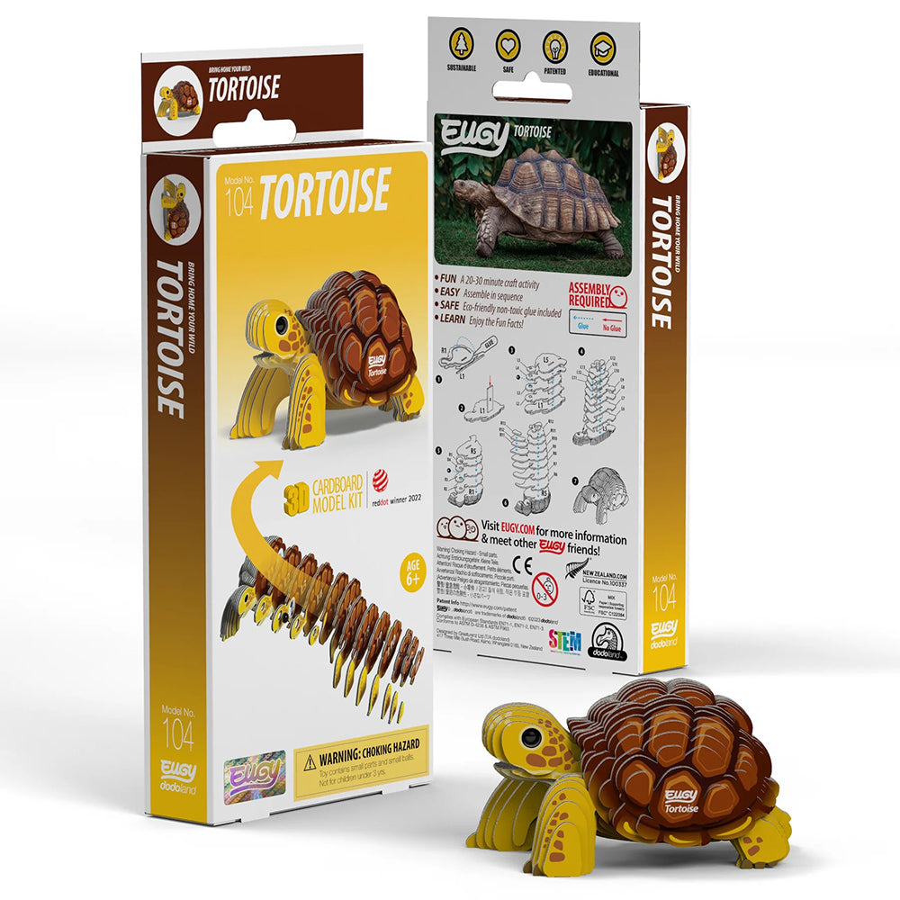 Tortoise 3D puzzle kit packaging with tortoise figurine on a white background