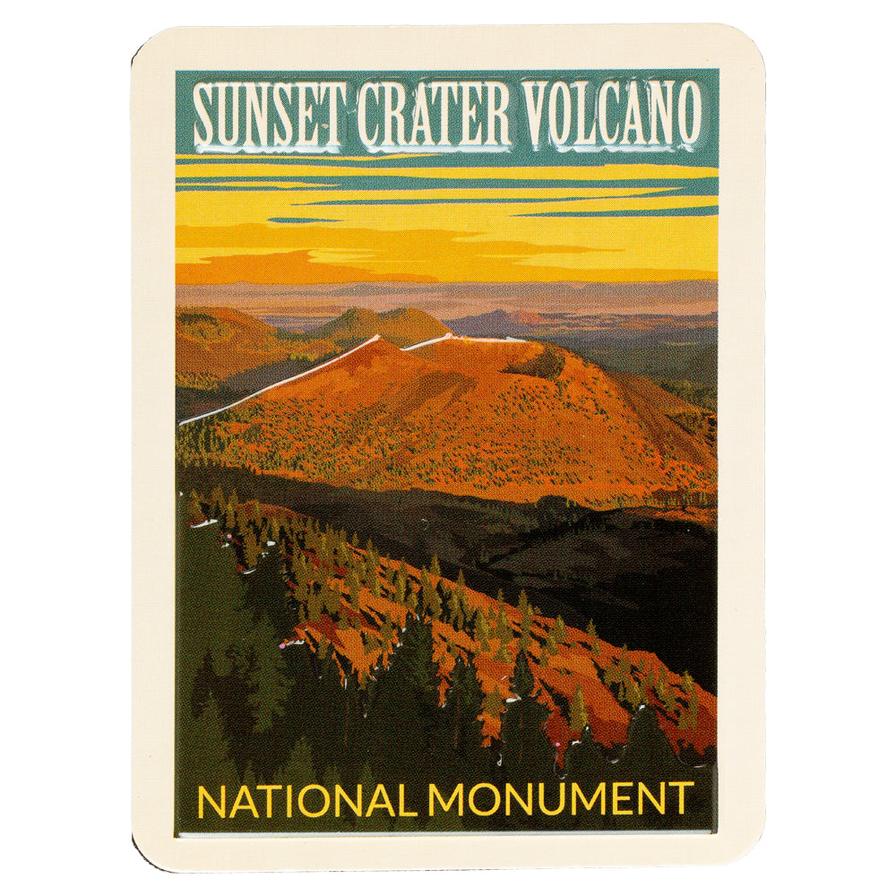 Magnet representing Sunset Crater Volcano National Monument with a mountain and sunset.