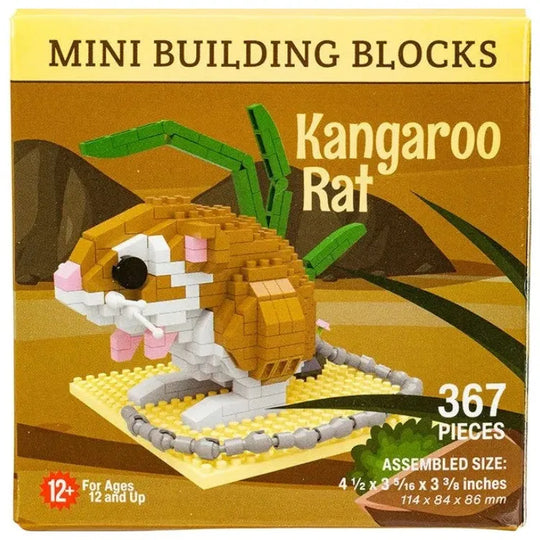 Box of mini building blocks shaped like a kangaroo rat with desert landscape illustration.