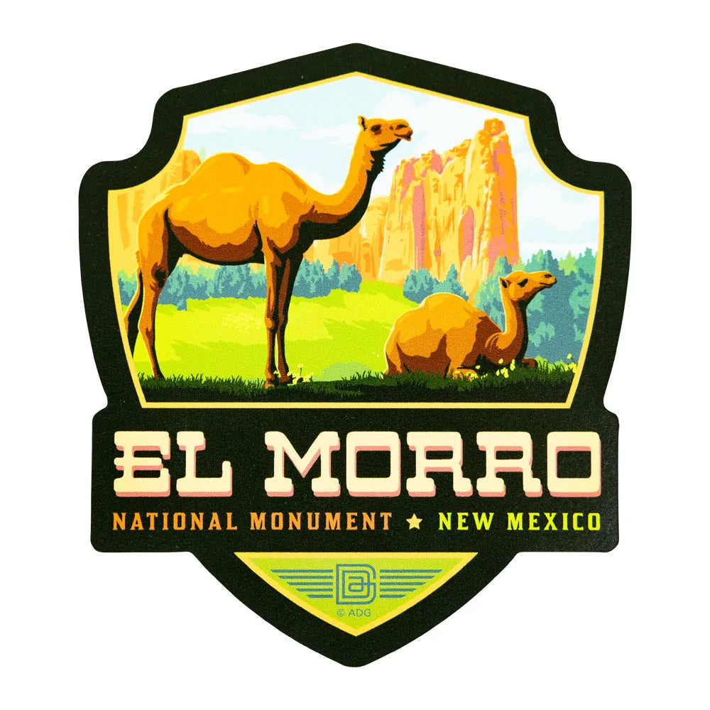 Sticker with camels and desert landscape, featuring 'El Morro National Monument, New Mexico'.