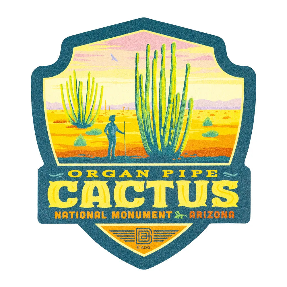 Sticker of Organ Pipe Cactus National Monument with desert scene and text.