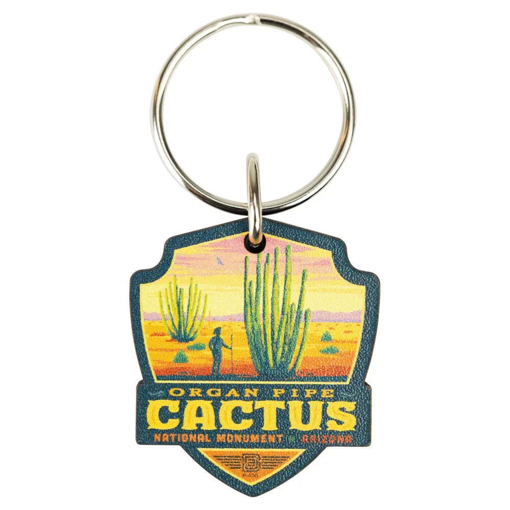 Keychain with Organ Pipe Cactus National Monument design on a white background