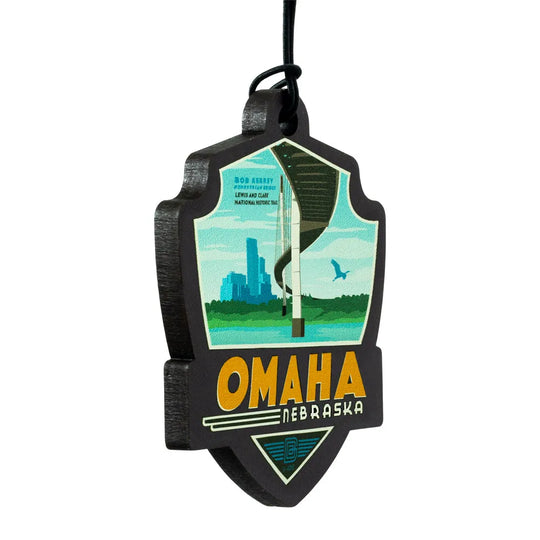 Nebraska-themed decorative ornament with 'Omaha, Nebraska' text on a white background