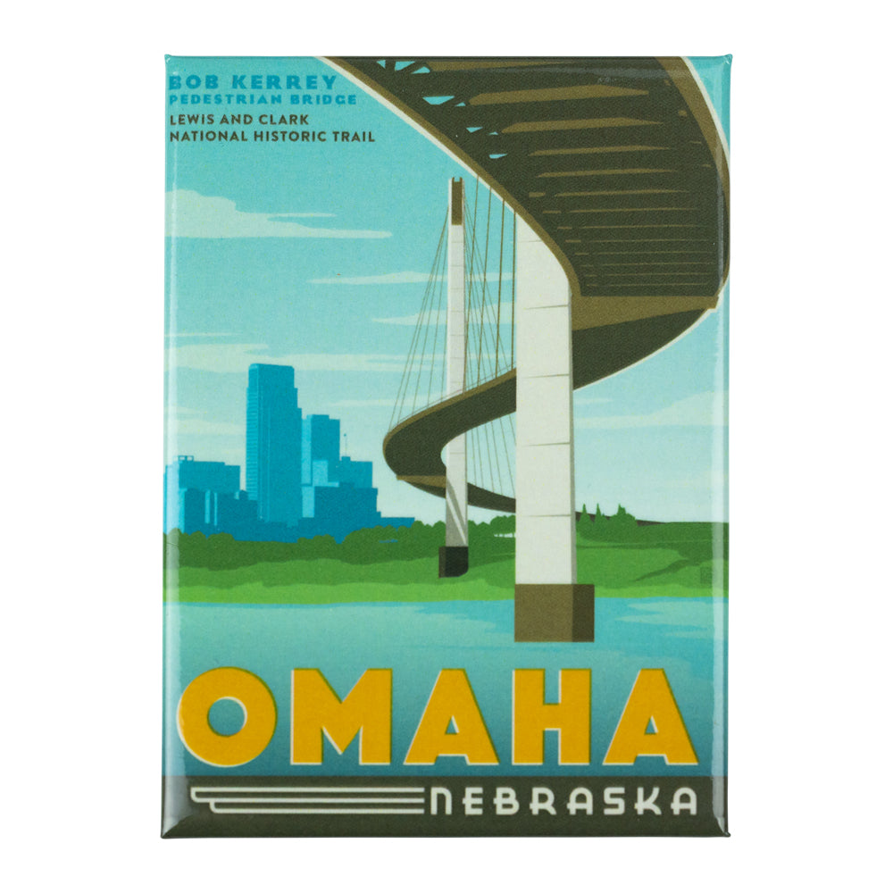Fridge magnet with a design of a bridge and cityscape, featuring the Lewis & Clark National Historic Trail and the words 'Omaha' and 'Nebraska'.