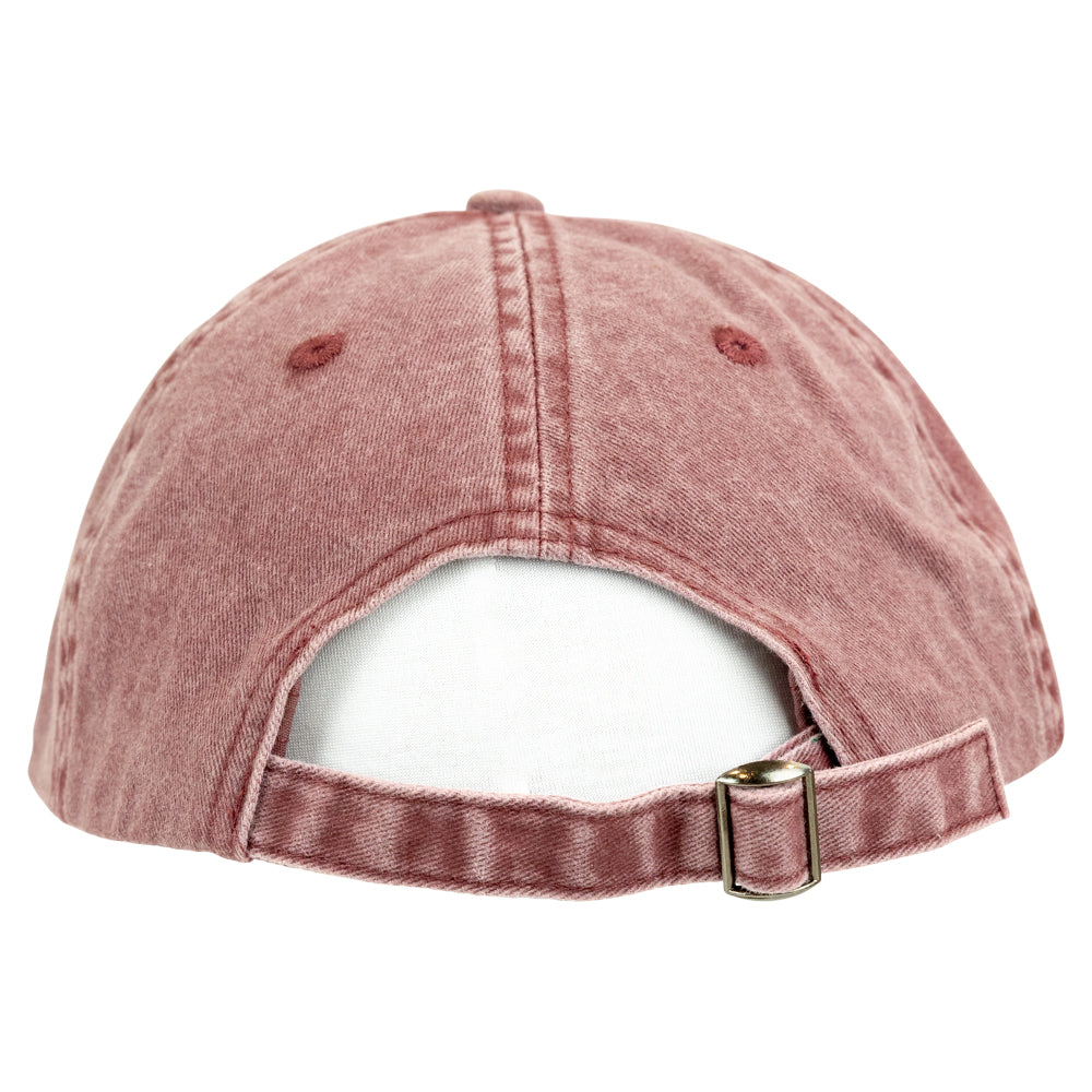 Distressed red denim cap with a gold buckle on a white background
