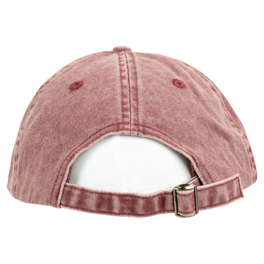 Distressed red denim cap with a gold buckle on a white background