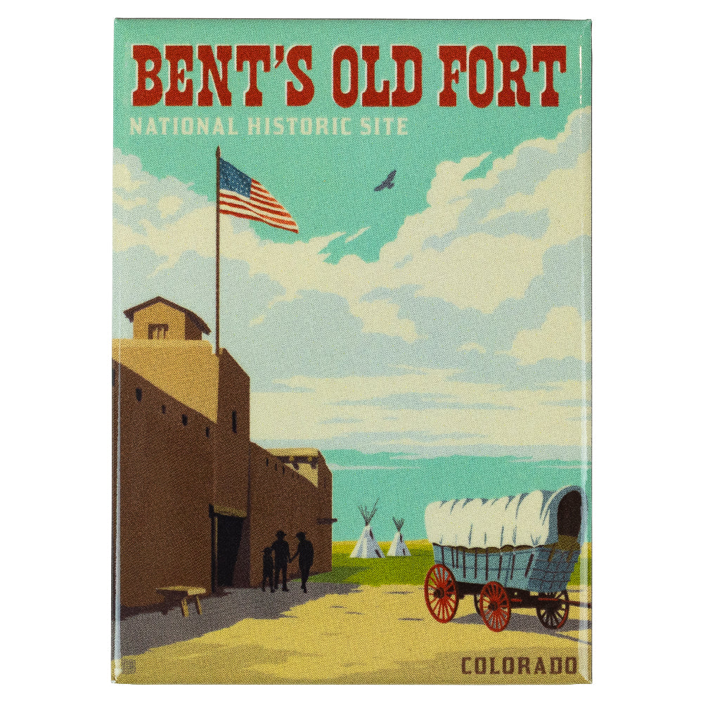 Magnet of Bent's Old Fort National Historic Site with a wagon, American flag, and teepees.