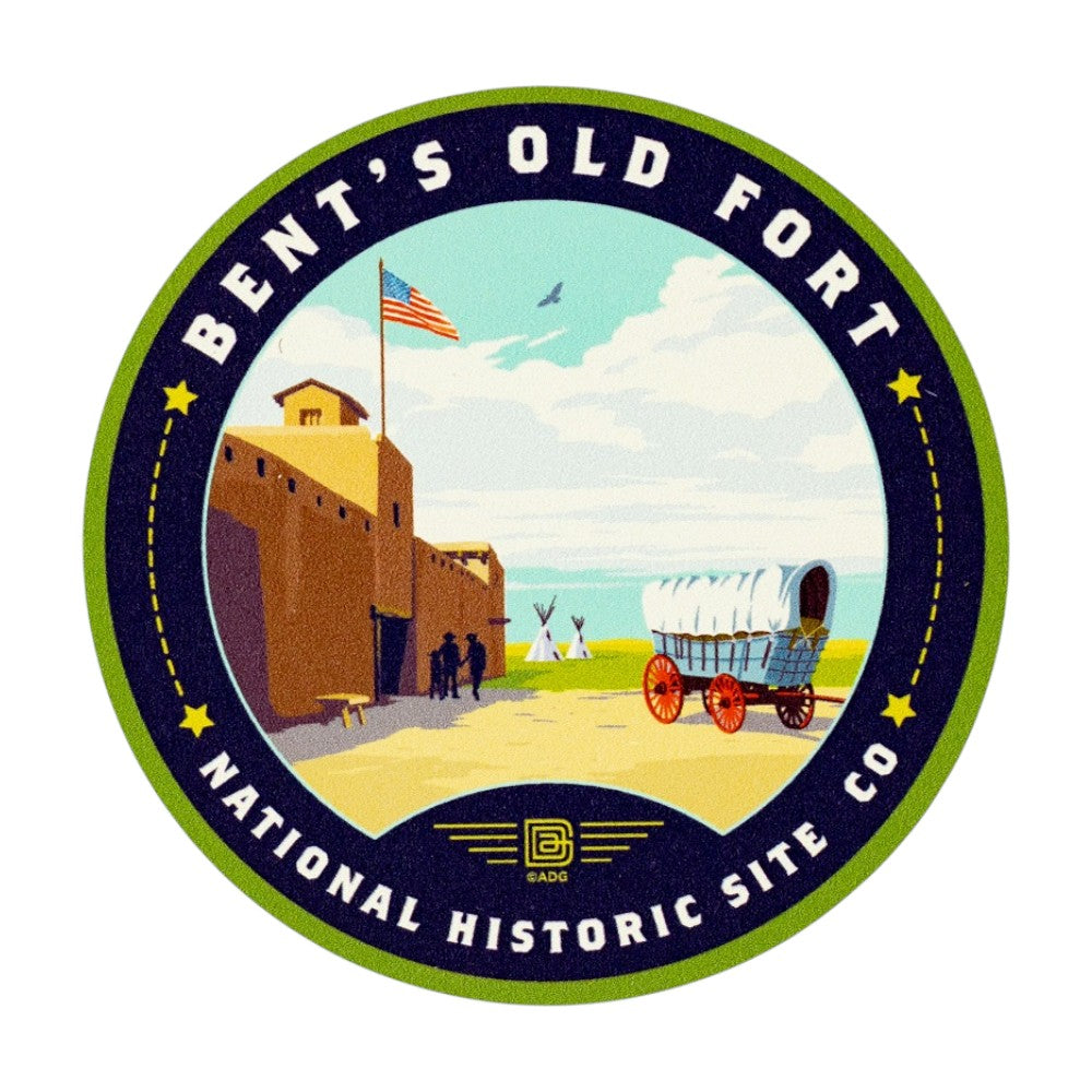 Logo of Bent's Old Fort National Historic Site with a fort, wagon, and American flag.