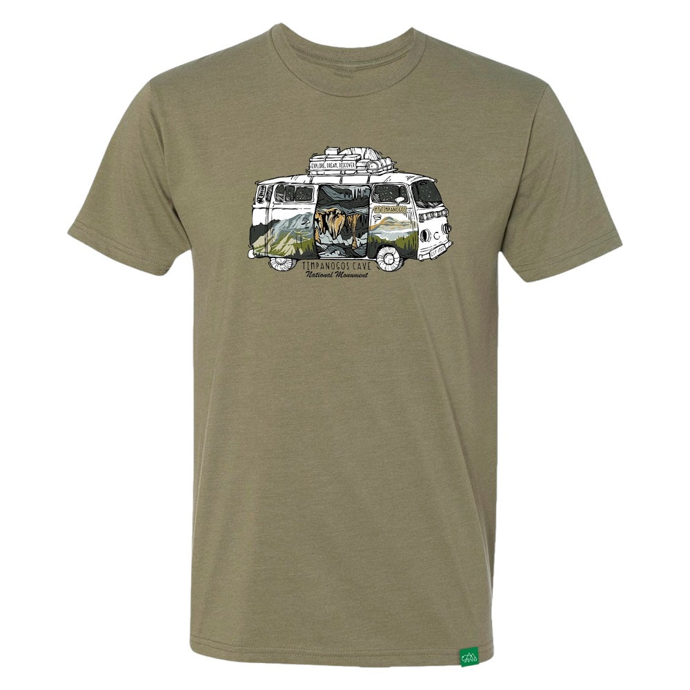 Olive green t-shirt with a graphic of a van and nature elements and text 'Timpanogos Cave National Monument' on a white background