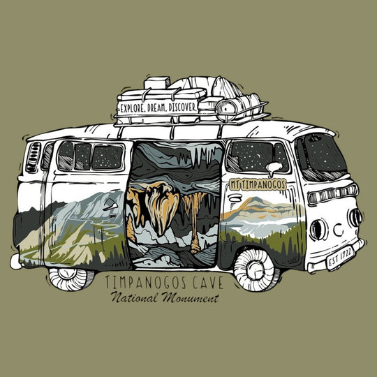 Illustration of a van with mountain and cave scenery, featuring Timpanogos Cave National Monument text.