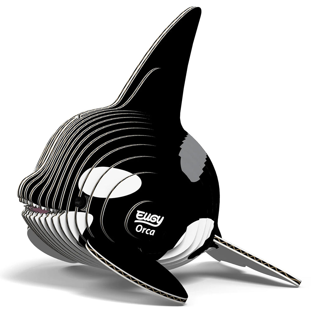 Black and white orca whale 3D puzzle with 'Eugy' branding on a white background