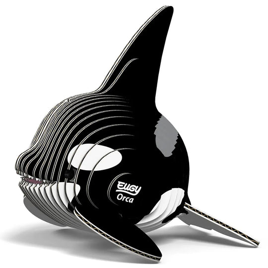 Black and white orca whale 3D puzzle with 'Eugy' branding on a white background