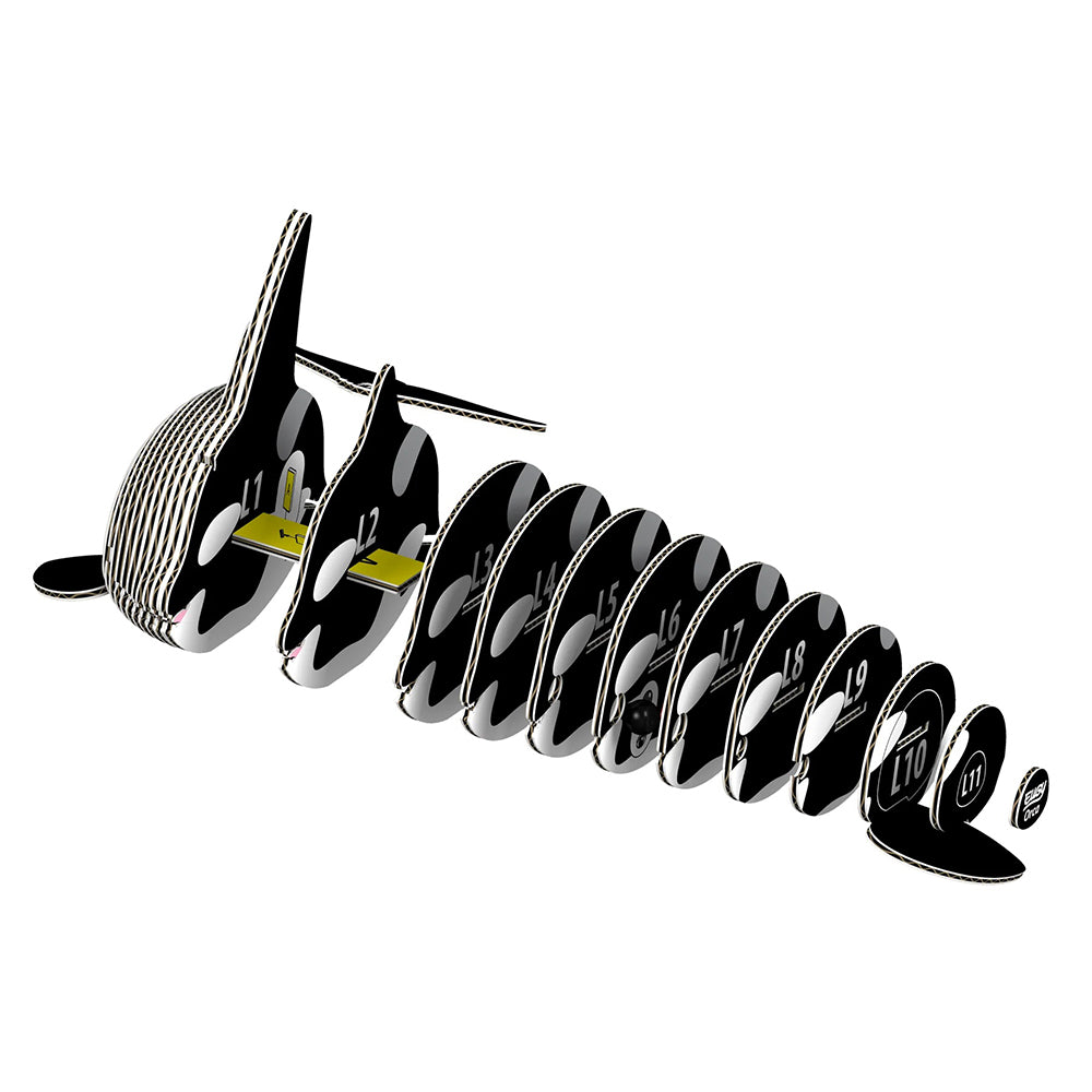 3D puzzle pieces of an Orca Whale arranged in a linear pattern on a white background.