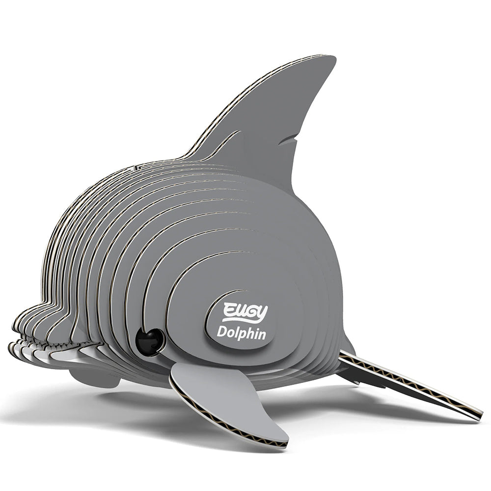 Gray 3D dolphin puzzle with 'Eugy' branding on a white background