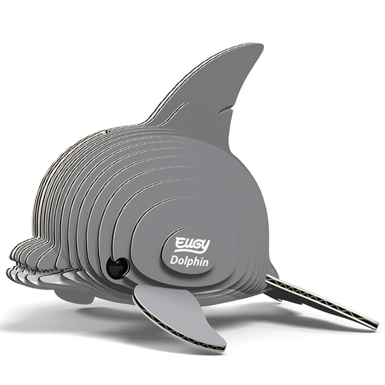 Gray 3D dolphin puzzle with 'Eugy' branding on a white background