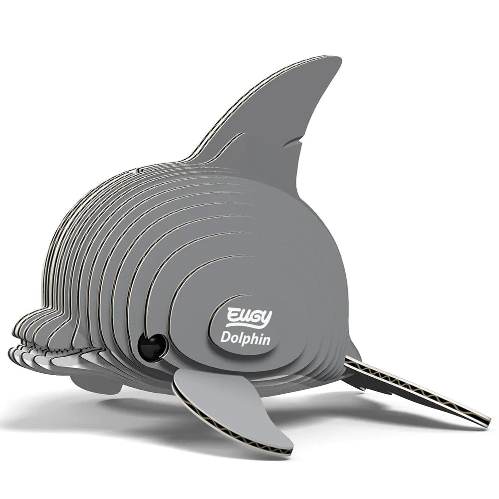 Gray 3D dolphin puzzle with 'Eugy' branding on a white background