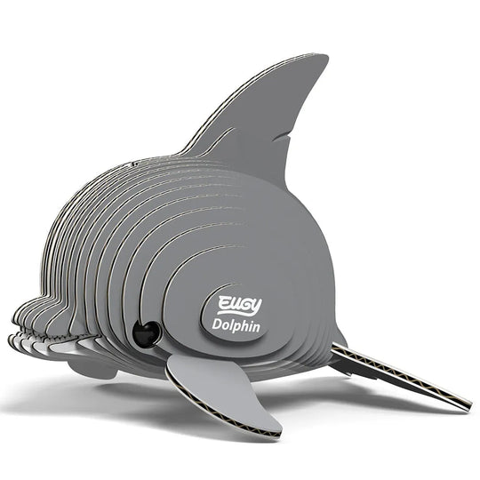 Gray 3D dolphin puzzle with 'Eugy' branding on a white background