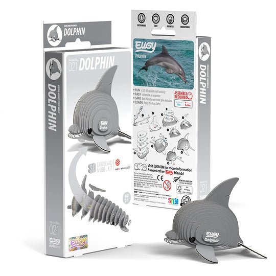 Eugy dolphin 3D puzzle kit with packaging on a white background