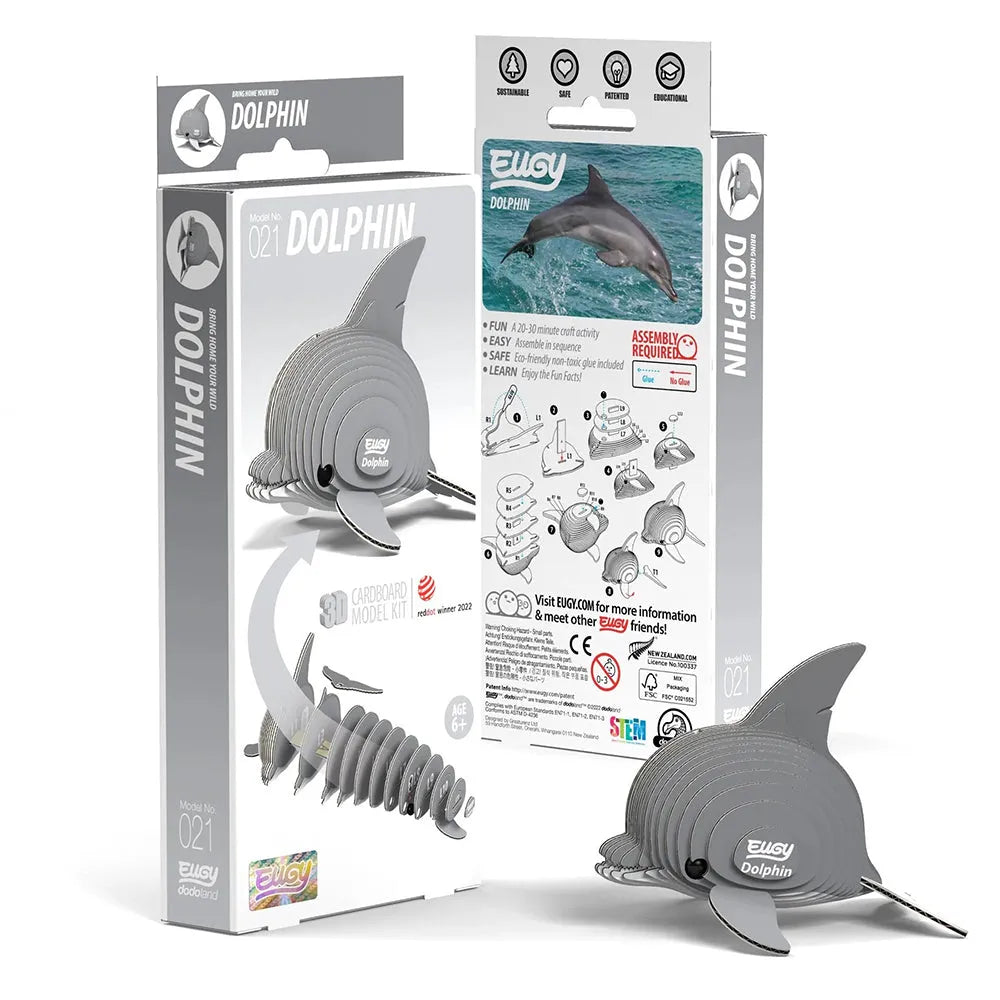 Eugy dolphin 3D puzzle kit with packaging on a white background