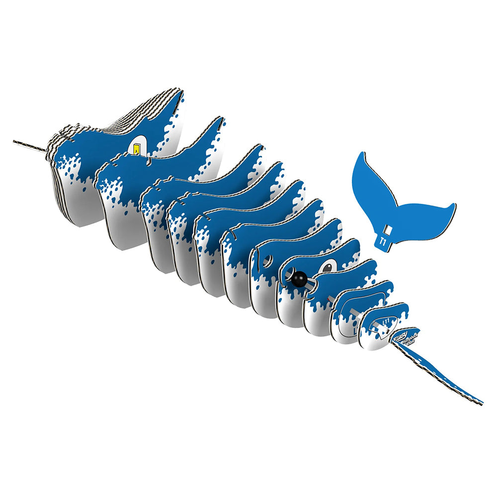 3D puzzle pieces of a Humpback Whale arranged in a linear pattern on a white background.