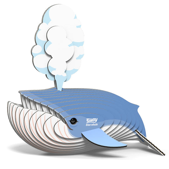 3D cardboard puzzle of a blue whale with EUGY branding on a white background
