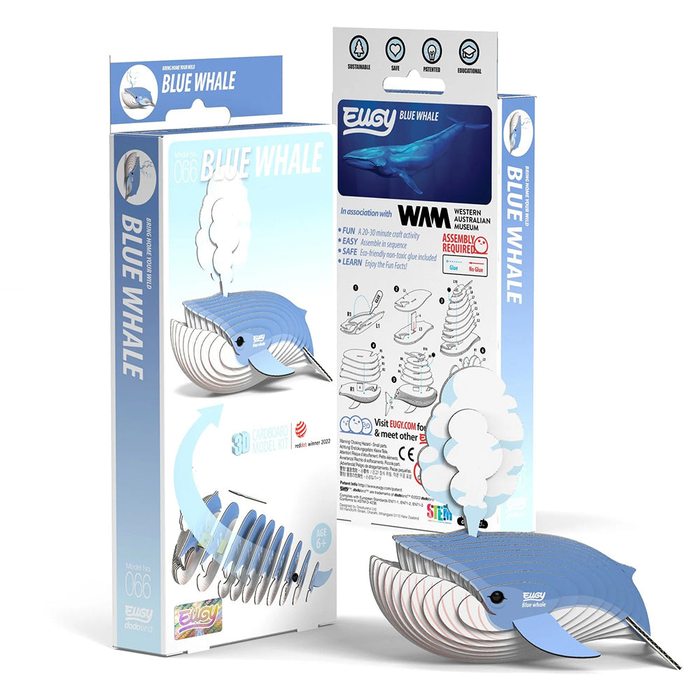 Blue whale 3D puzzle kit packaging with whale model on a white background