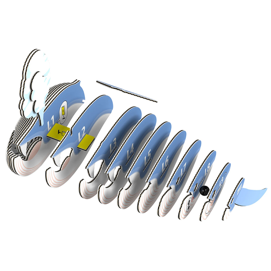 3D puzzle pieces of a blue whale in a linear pattern.