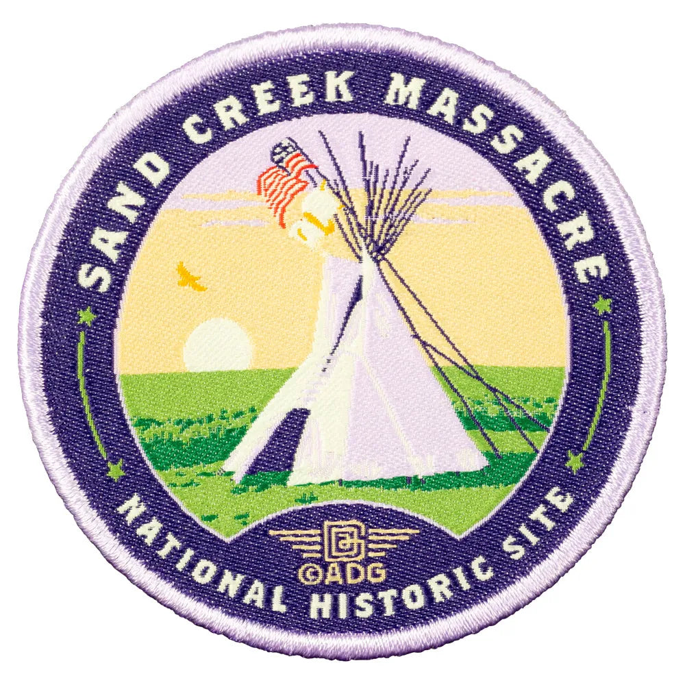 Patch with 'Sand Creek Massacre National Historic Site' design featuring a teepee and American flag.