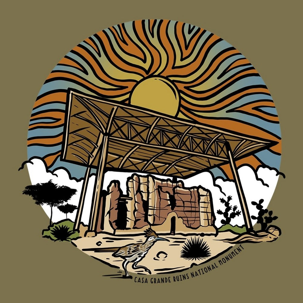 Illustration of an ancient ruin structure with a sunset in the background, featuring the Casa Grande Ruins National Monument.