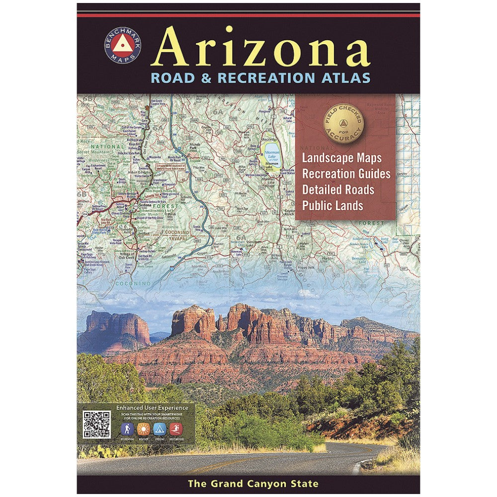 Front cover of the Arizona Road &amp; Recreation Atlas, featuring a map at the top, a scenic red rock landscape at the bottom, and product title text including &