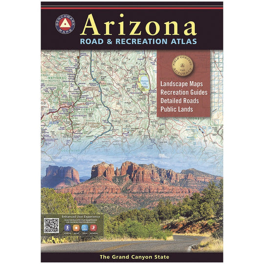 Front cover of the Arizona Road &amp; Recreation Atlas, featuring a map at the top, a scenic red rock landscape at the bottom, and product title text including &