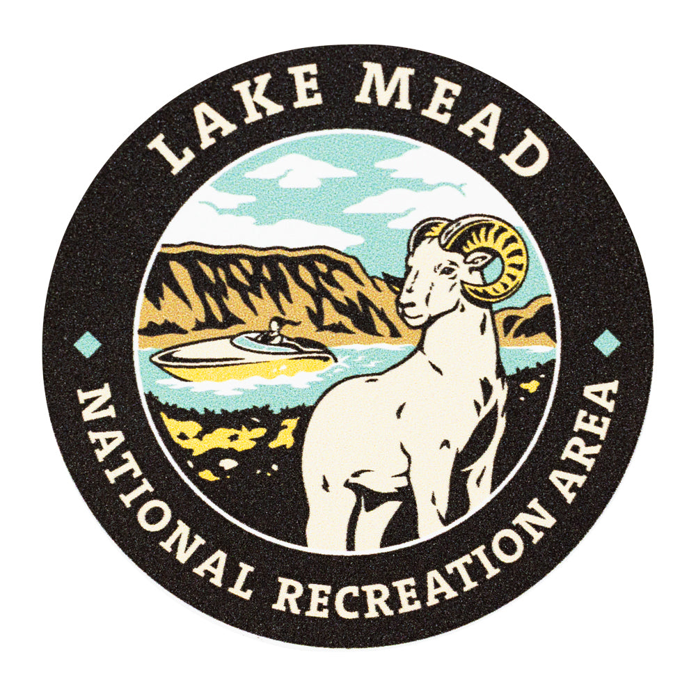 Round sticker featuring Lake Mead National Recreation Area logo with mountain, lake, and ram illustration.