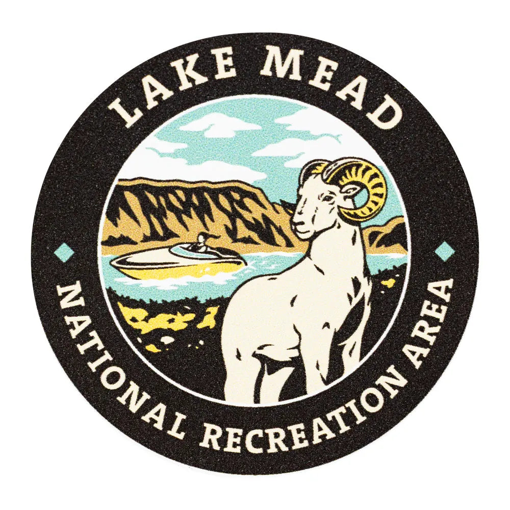 Round sticker featuring Lake Mead National Recreation Area logo with mountain, lake, and ram illustration.