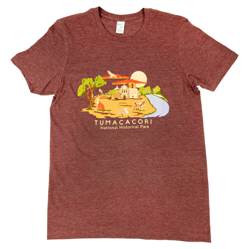 Maroon t-shirt with Tumacacori National Historical Park graphic on a white background