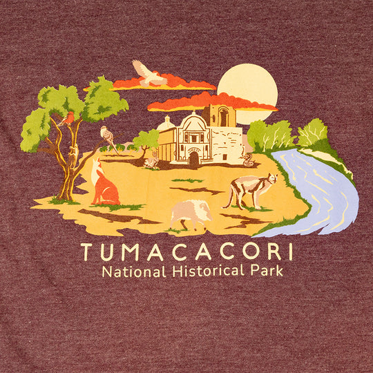 Illustration of Tumacacori National Historical Park with animals and landscape on a maroon T-shirt