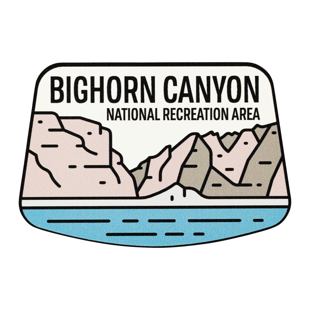 Sticker of Bighorn Canyon National Recreation Area with mountains and water.