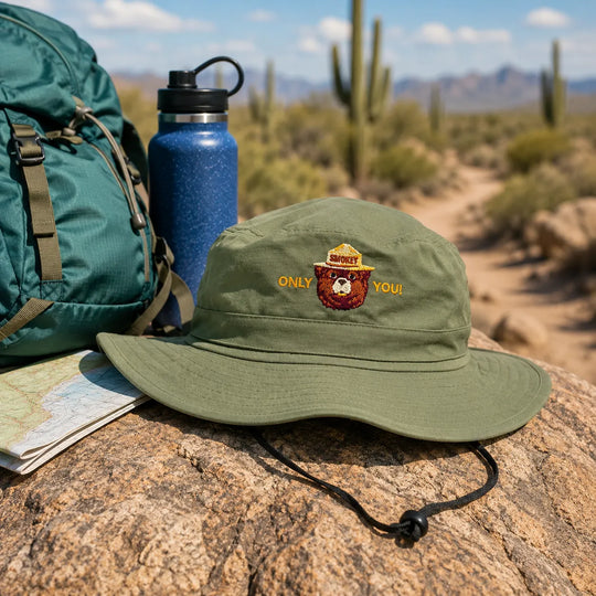 An olive green wide-brim bucket hat with a desert-themed embroidered patch and the words &
