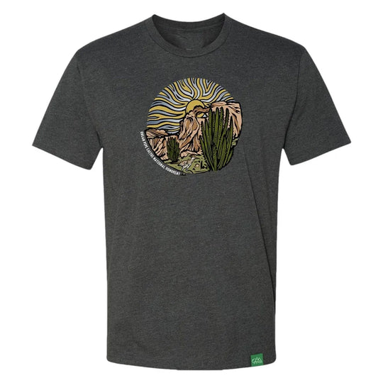 Dark gray t-shirt with a desert landscape graphic on a white background and text 'Organ Pipe Cactus National Monument'